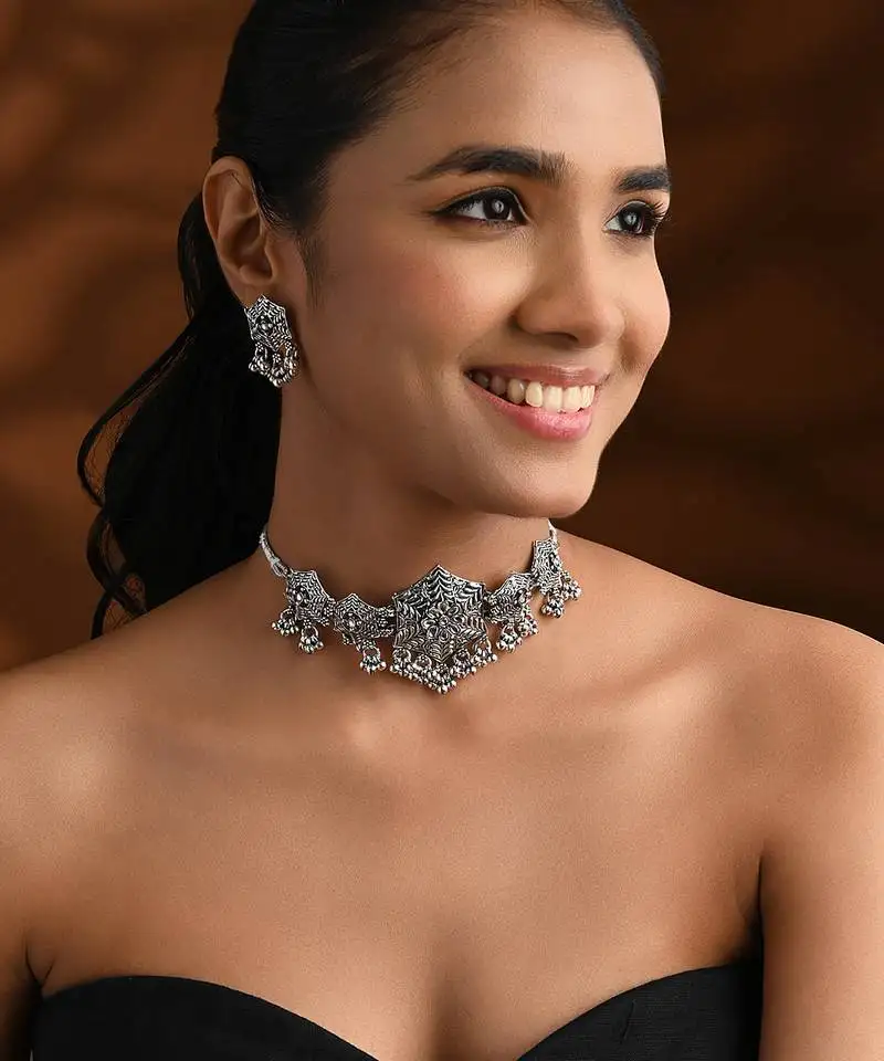 Oxidised silver plated hexagon floral motif necklace set with earrings for women