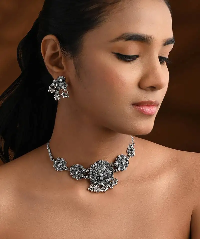 Oxidised silver plated floral pattern traditional necklace set for women