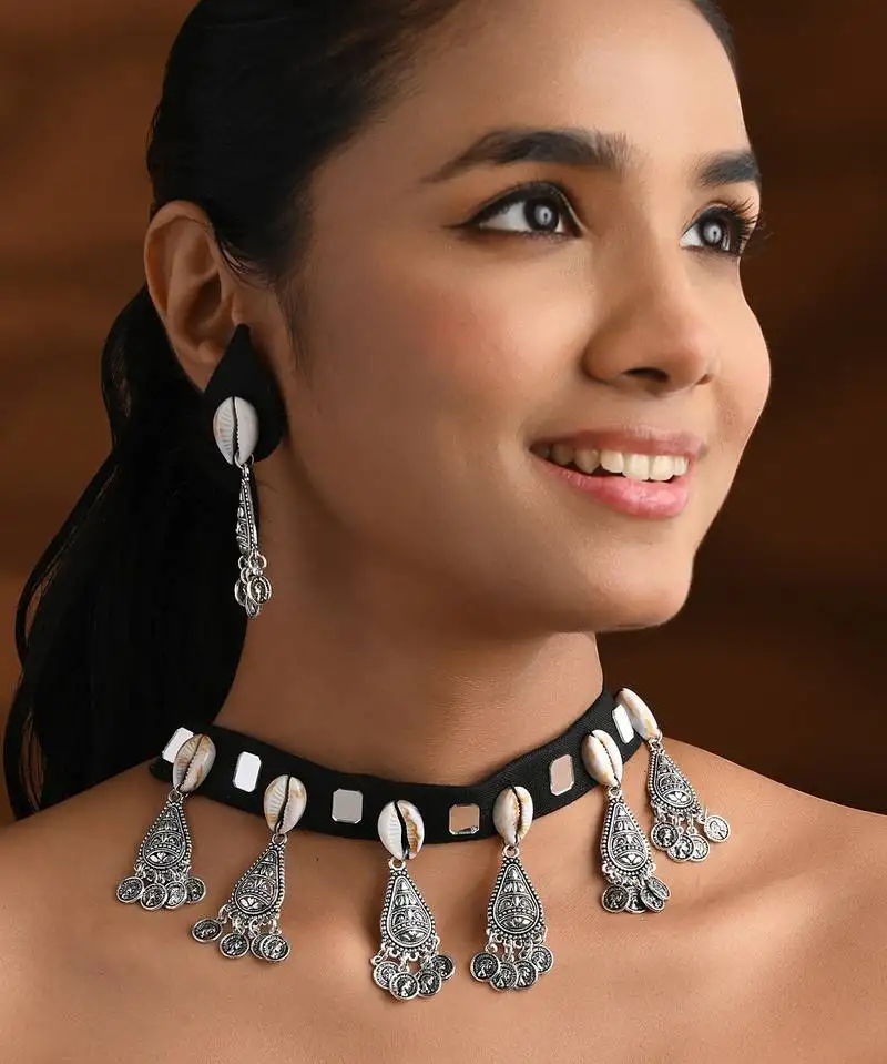 Oxidised shell motif navratri necklace set with earrings for women