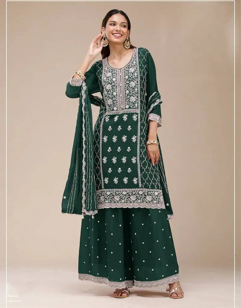 Dark green color embroideried faux georgette semi stitched salwar suit