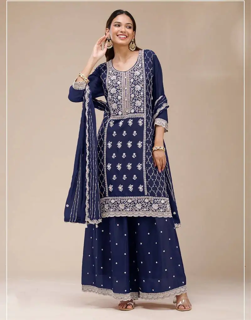 Navy blue color embroideried faux georgette semi stitched salwar suit
