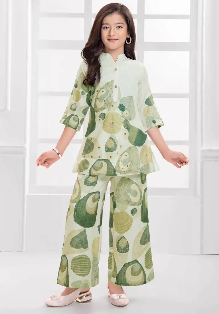 Cotton silk woven geometric print cotton silk kurta and palazzo-grey