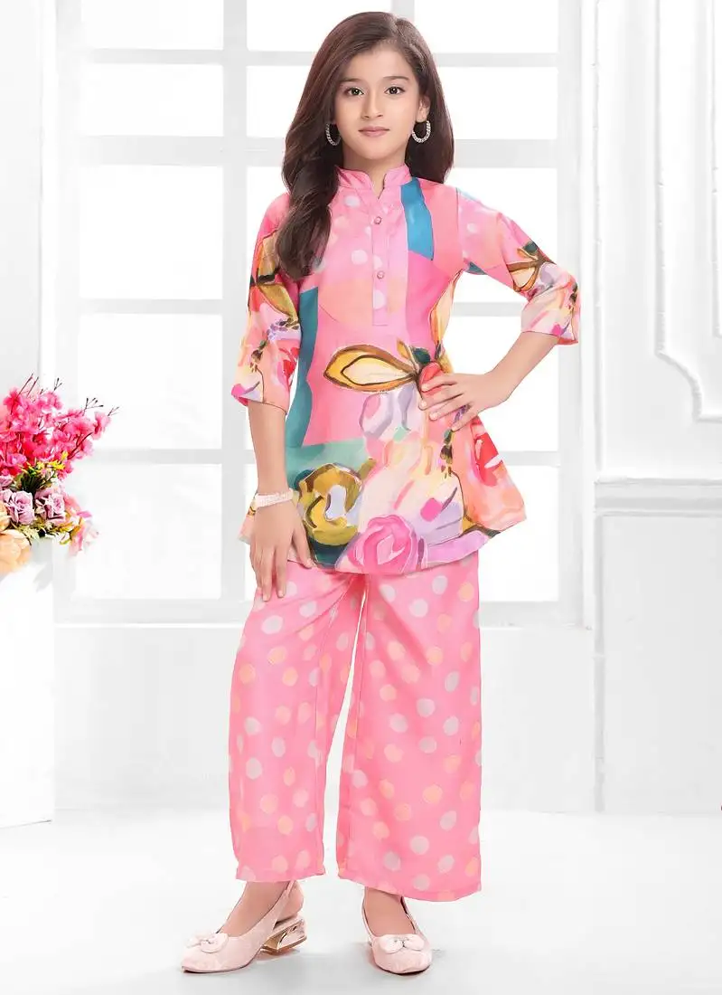 Cotton silk woven floral print cotton silk kurta and palazzo-pink