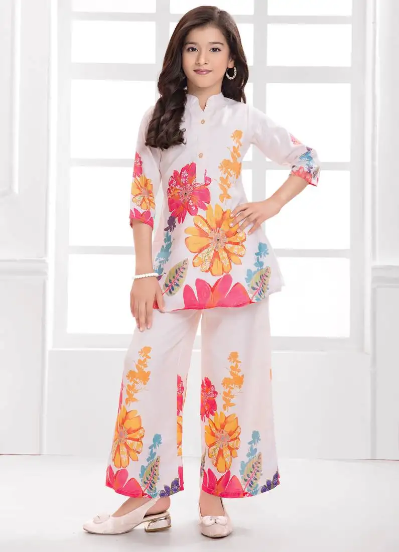 Cotton silk woven floral print cotton silk kurta and palazzo-white