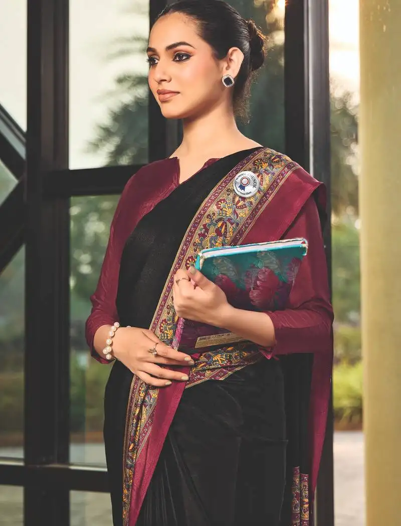 Black crepe silk printed saree with unstitched blouse