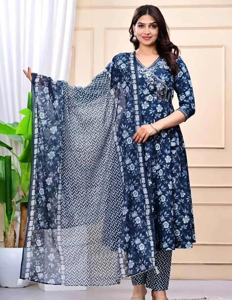 Navy blue cotton printed & embroidered work angrakha kurta bottom dupatta set