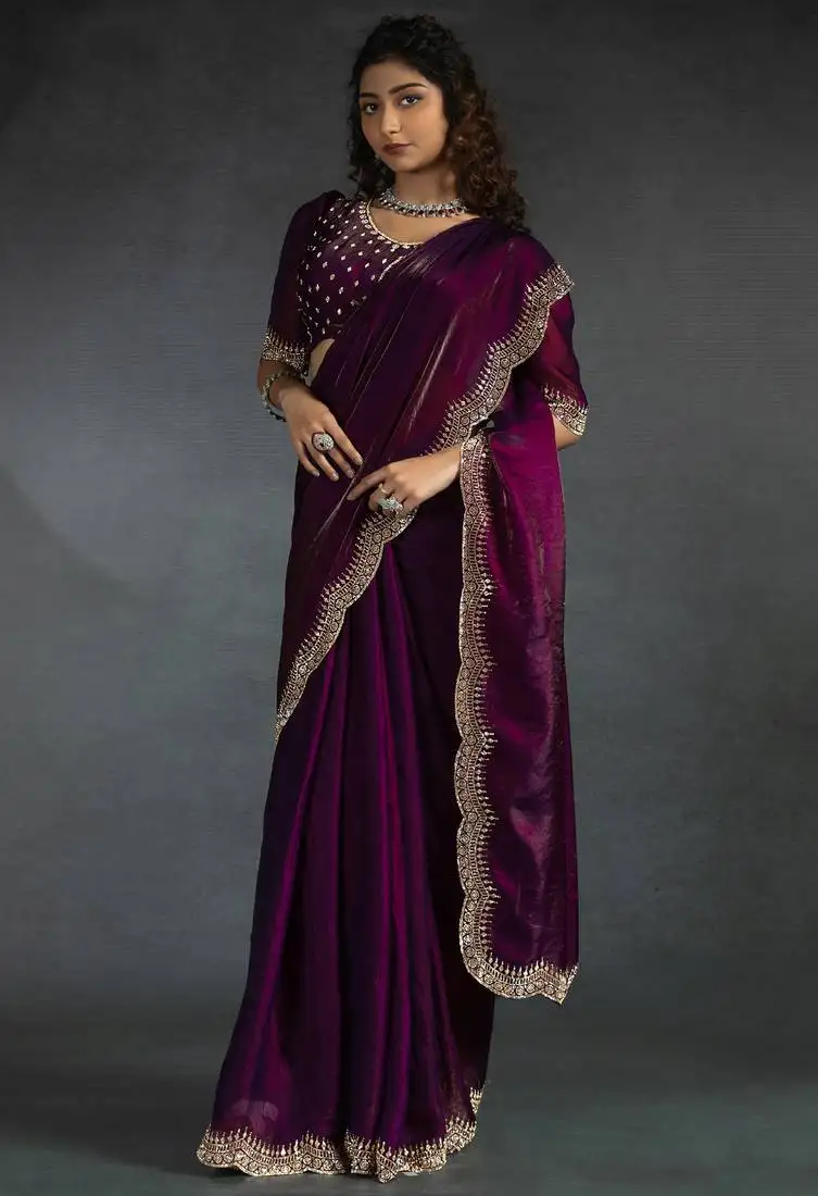 Purple sequin embroidered fendy two tone satin silk saree sari