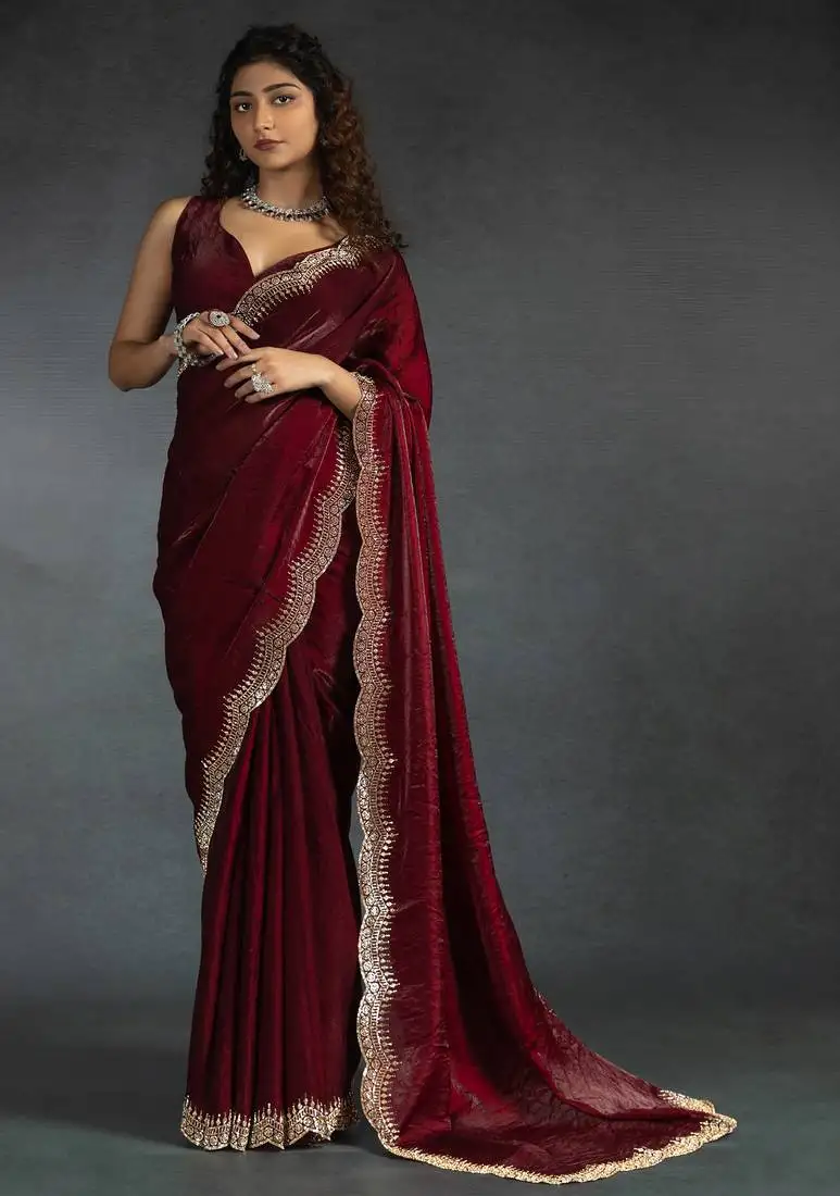 Maroon sequin embroidered fendy two tone satin silk blend saree sari