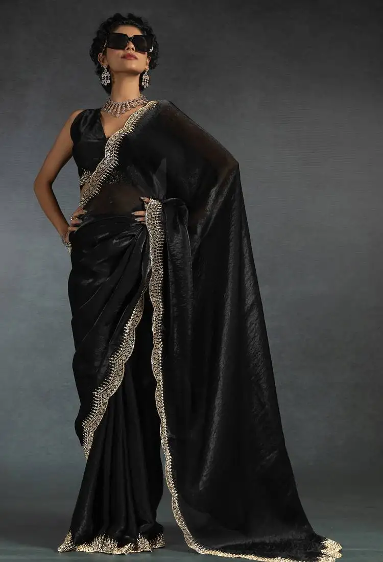 Black sequin embroidered fendy two tone satin silk saree blend sari