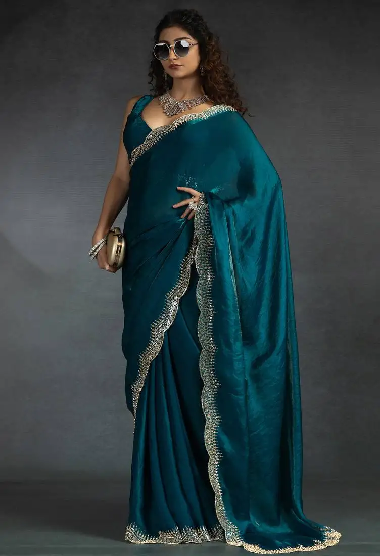 Teal blue sequin embroidered fendy two tone satin silk blend saree sari