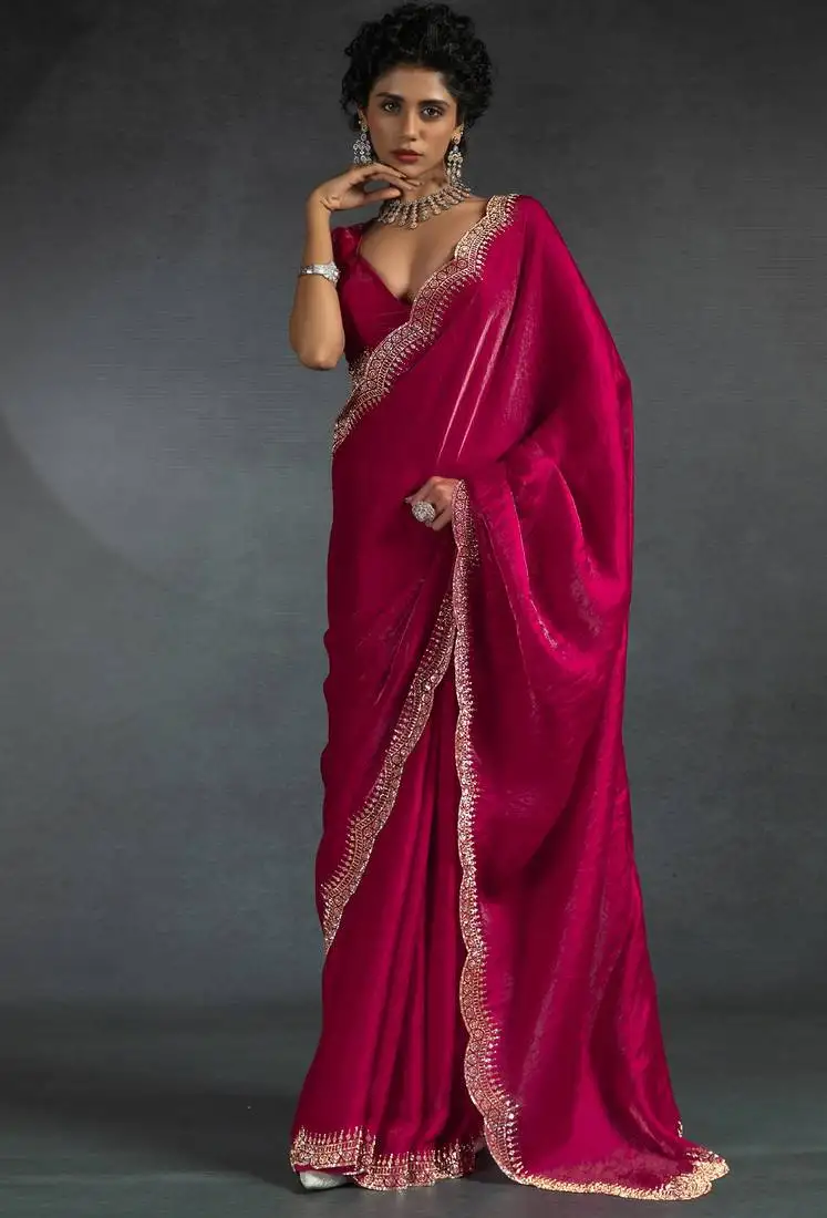 Magenta sequin embroidered fendy two tone satin silk blend saree sari