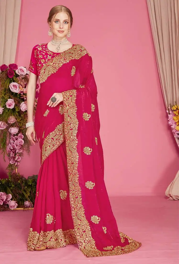 Magenta sequin embroidered work two tone silk blend saree sari