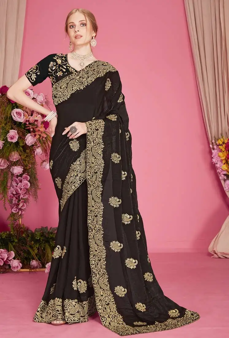 Black sequin embroidered work two tone silk blend saree sari