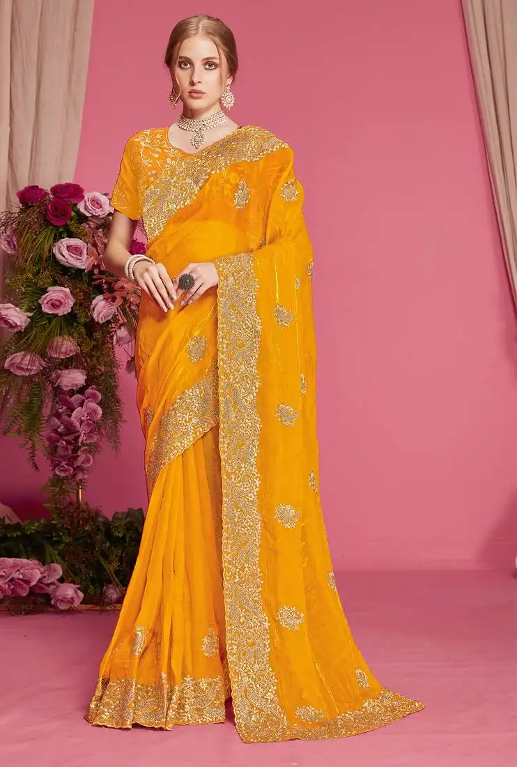 Mustard sequin embroidered work two tone silk blend saree sari