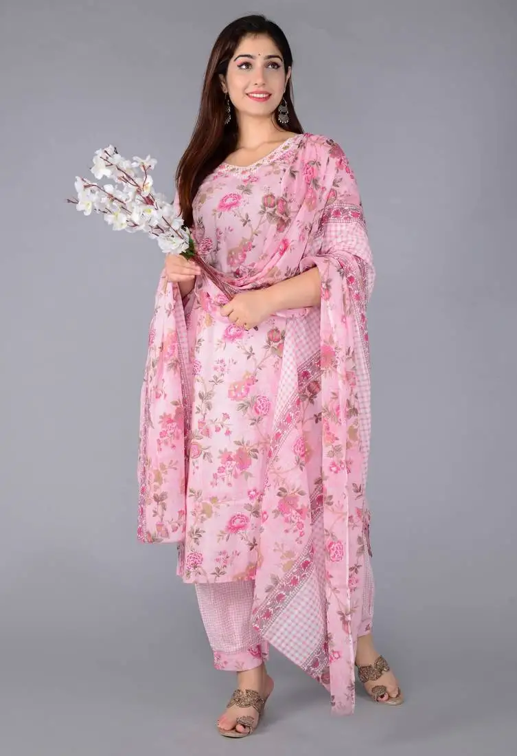 Pink cotton printed & embroidered work straight kurta bottom & dupatta set