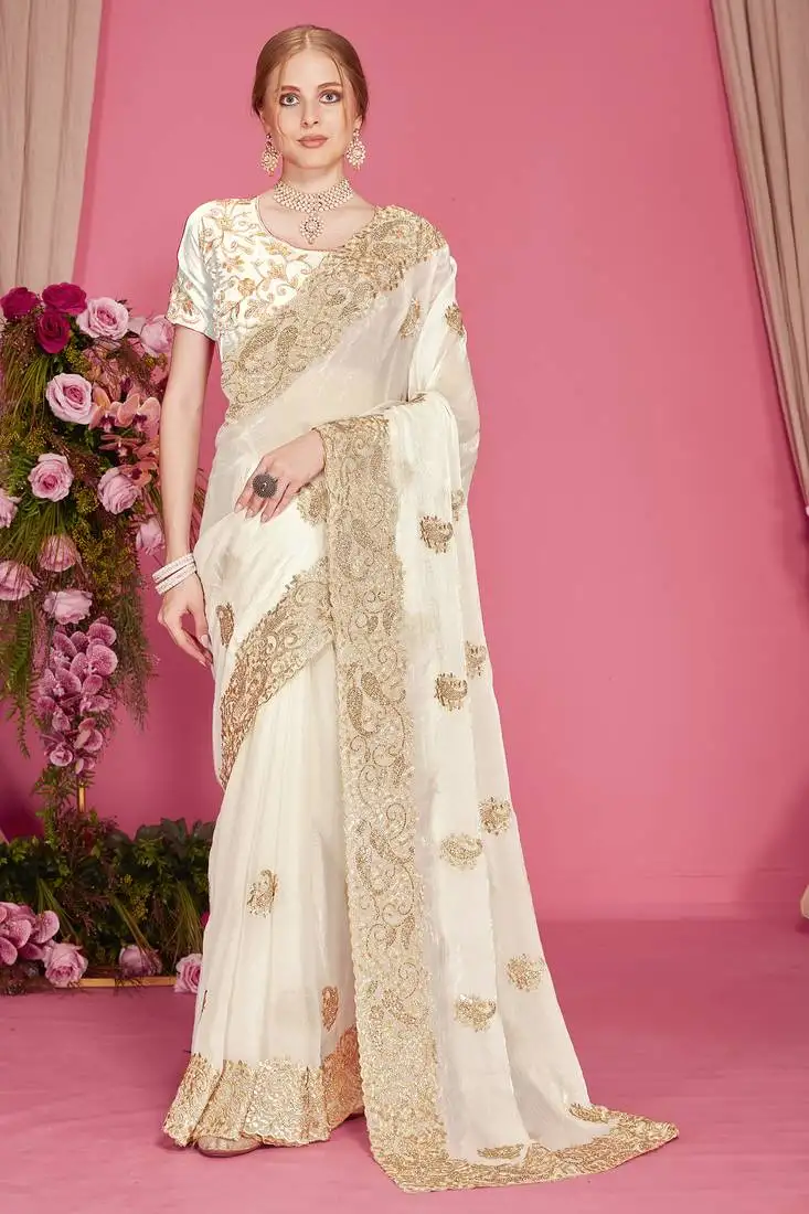 White sequin embroidered work two tone silk blend saree sari
