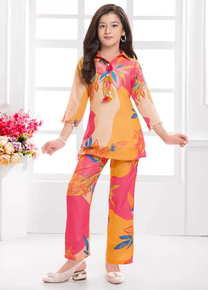 Cotton silk woven floral print cotton silk kurta and palazzo-orange