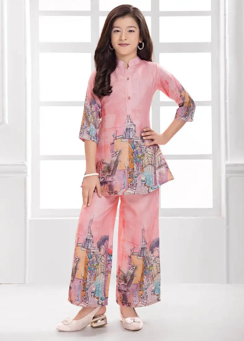 Cotton silk woven graphic print cotton silk kurta and palazzo-peach