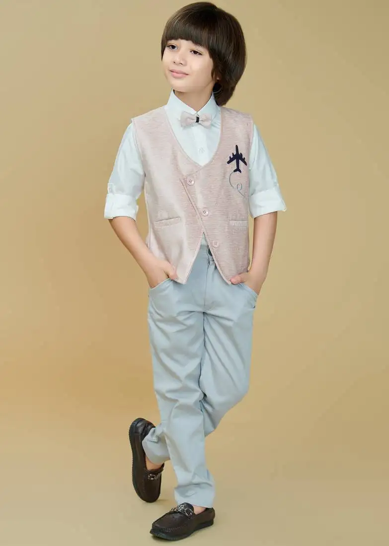 Cotton woven embroidered shirt trouser waistcoat set-babypink