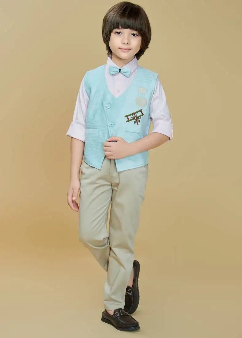 Cotton woven embroidered shirt trouser waistcoat set-skyblue