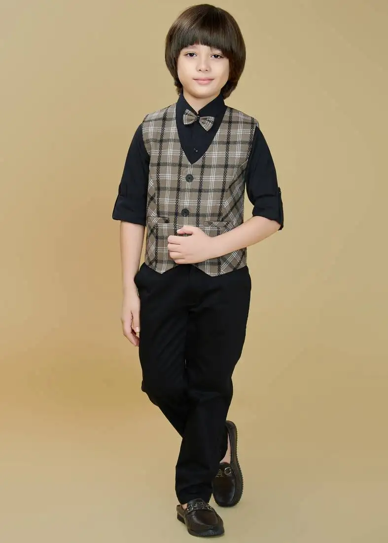 Cotton woven checks shirt trouser waistcoat set-brown
