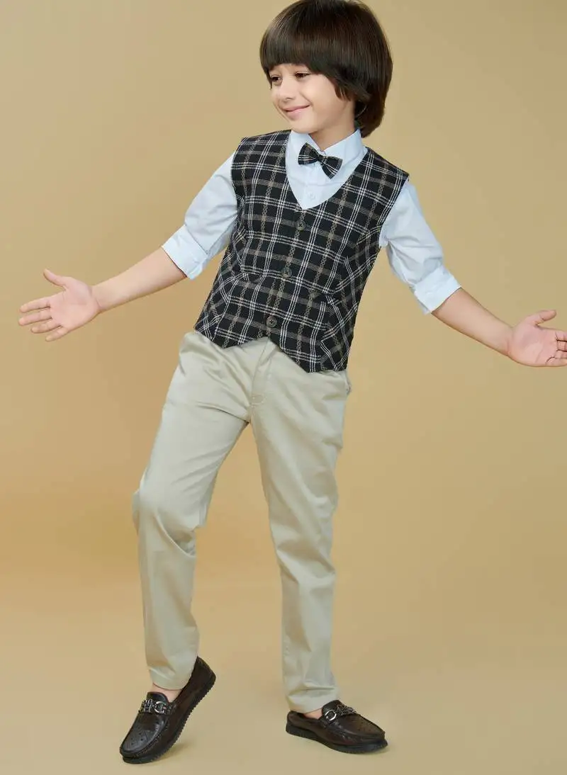 Cotton woven checks shirt trouser waistcoat set-black