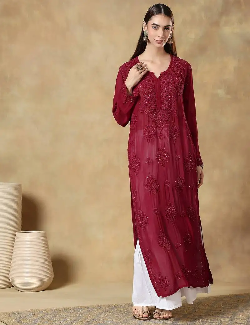 Chinkari maroon color embroided viscose kurta for women - v - neck-full sleeves