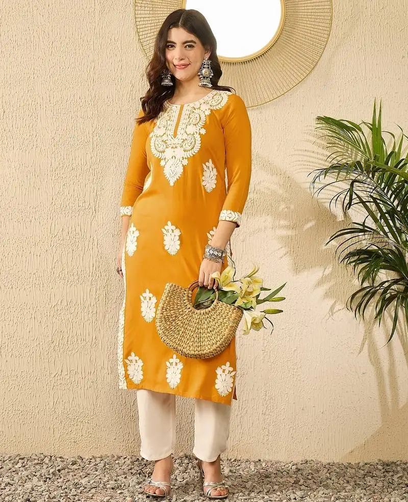 Women yellow viscose rayon embroidered straight kurta