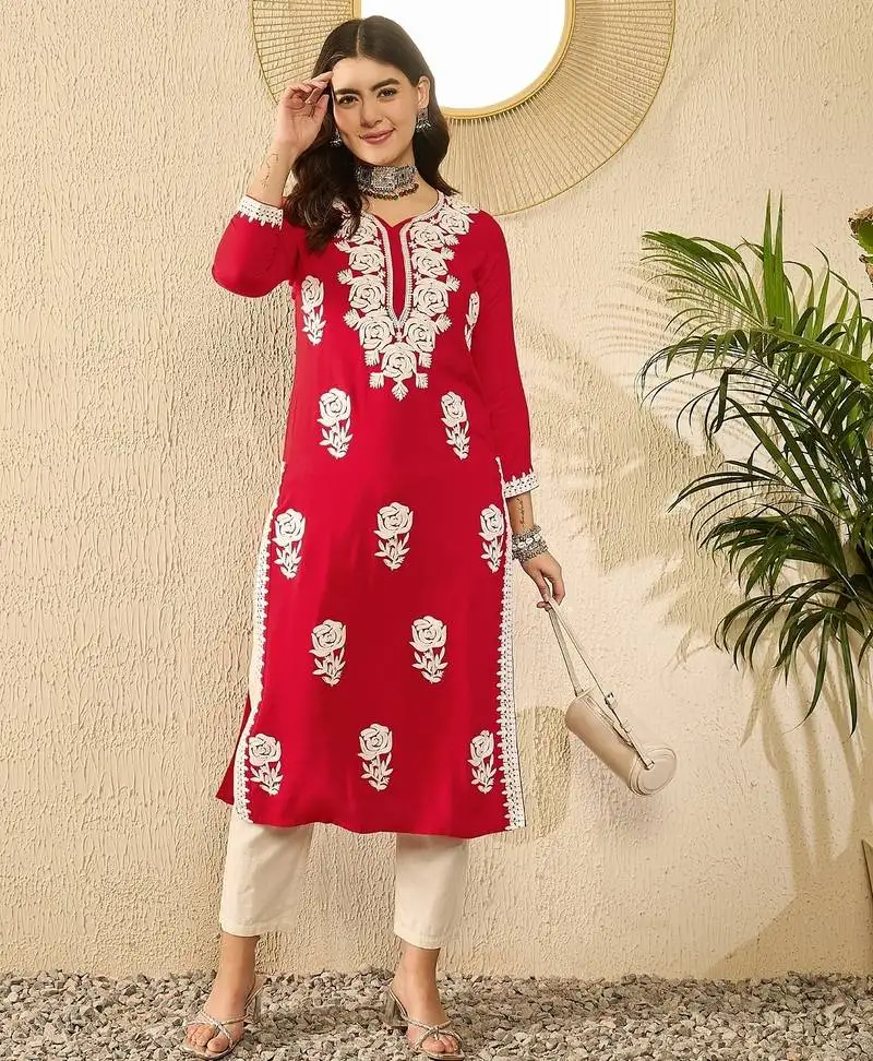Women red viscose rayon embroidered straight kurta