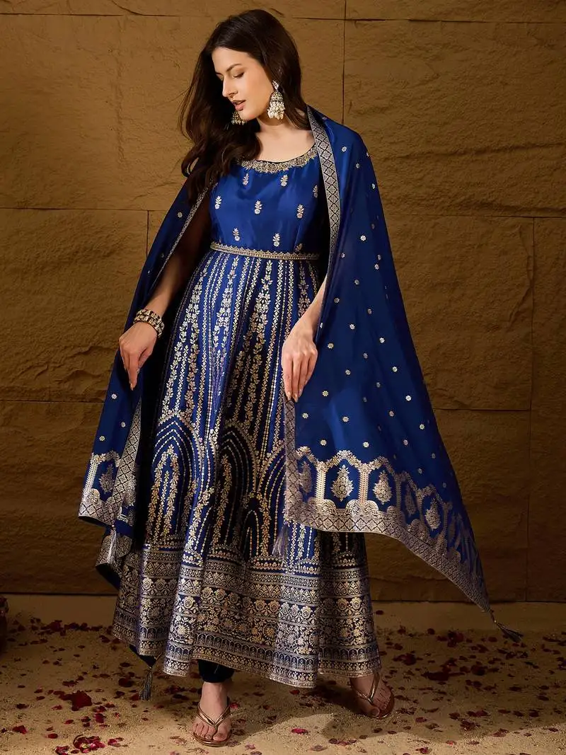 Women blue silk blend solid embroidered anarkali kurta bottom and dupatta