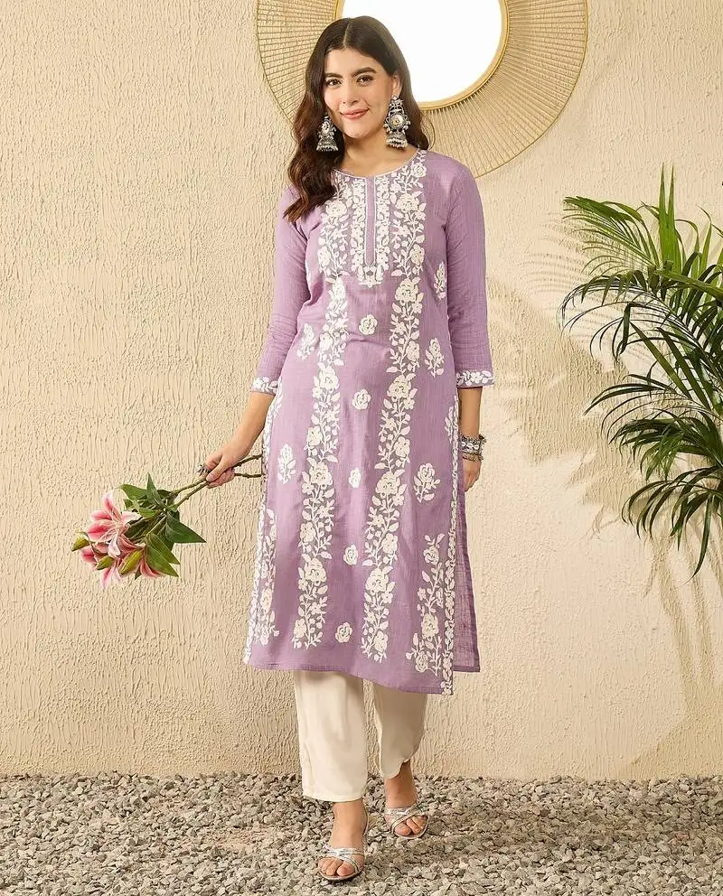 Women lavender viscose rayon solid embroidered straight kurta