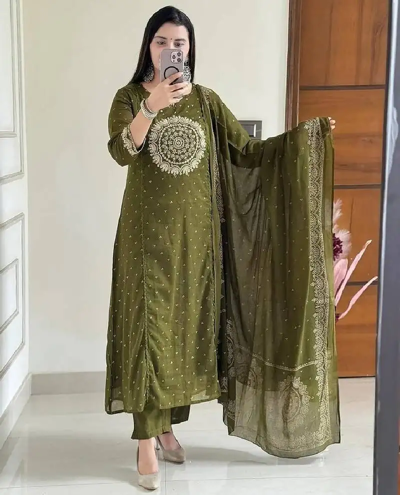 Green embroidery handwork & printed kurta pant & dupatta set