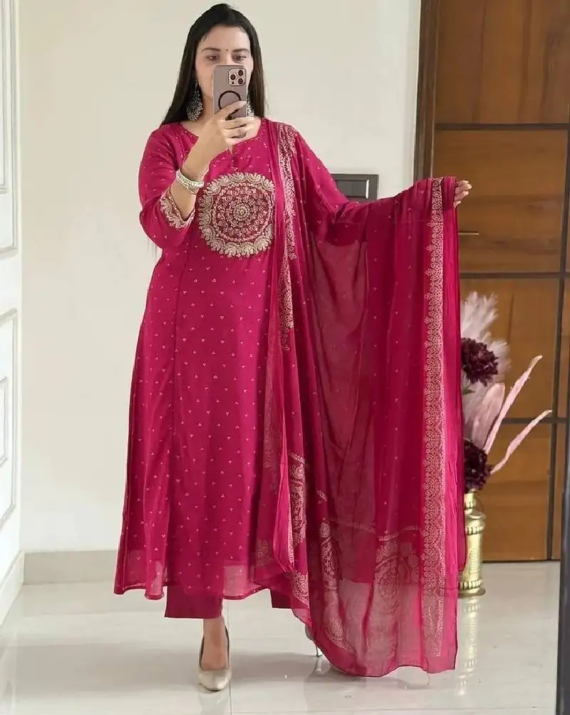 Pink embroidery handwork & printed kurta pant & dupatta set