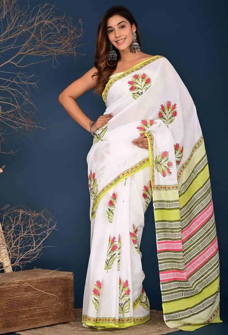 Pink green buta cotton hand block printed saree