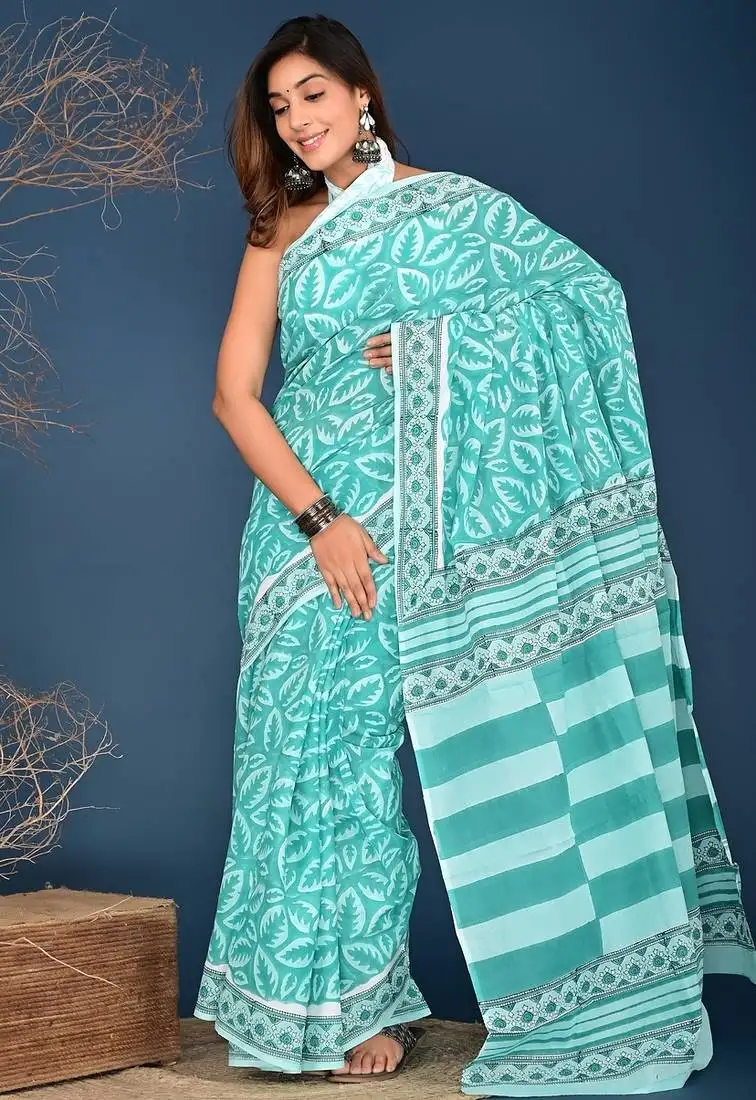 Aqua blue hand block printed cotton saree