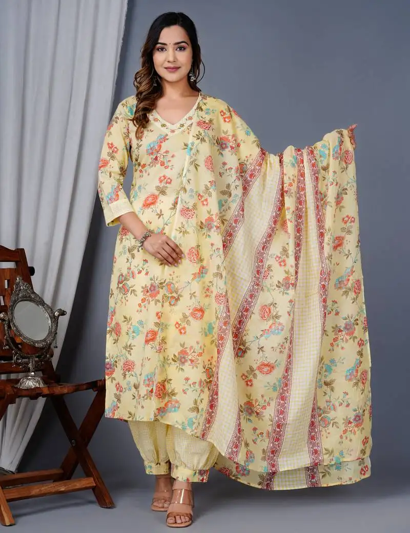 Yellow cotton printed & embroidered work straight kurta bottom & dupatta set