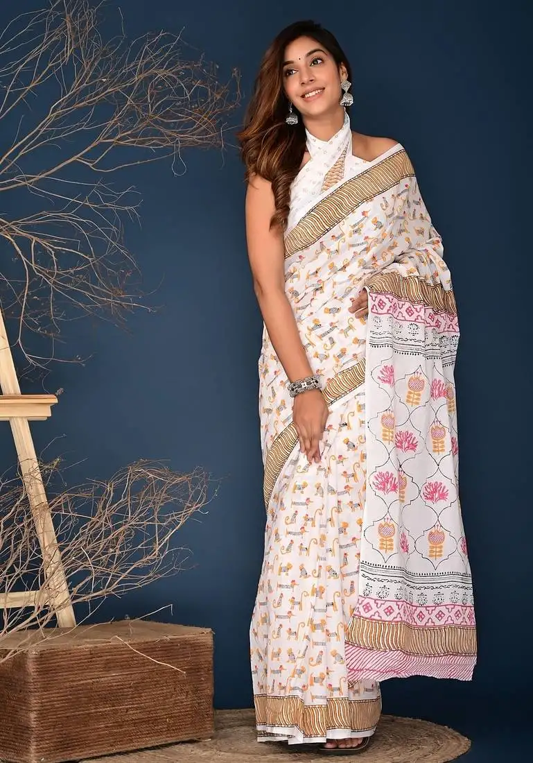 Orange kitten hand block printed cotton saree