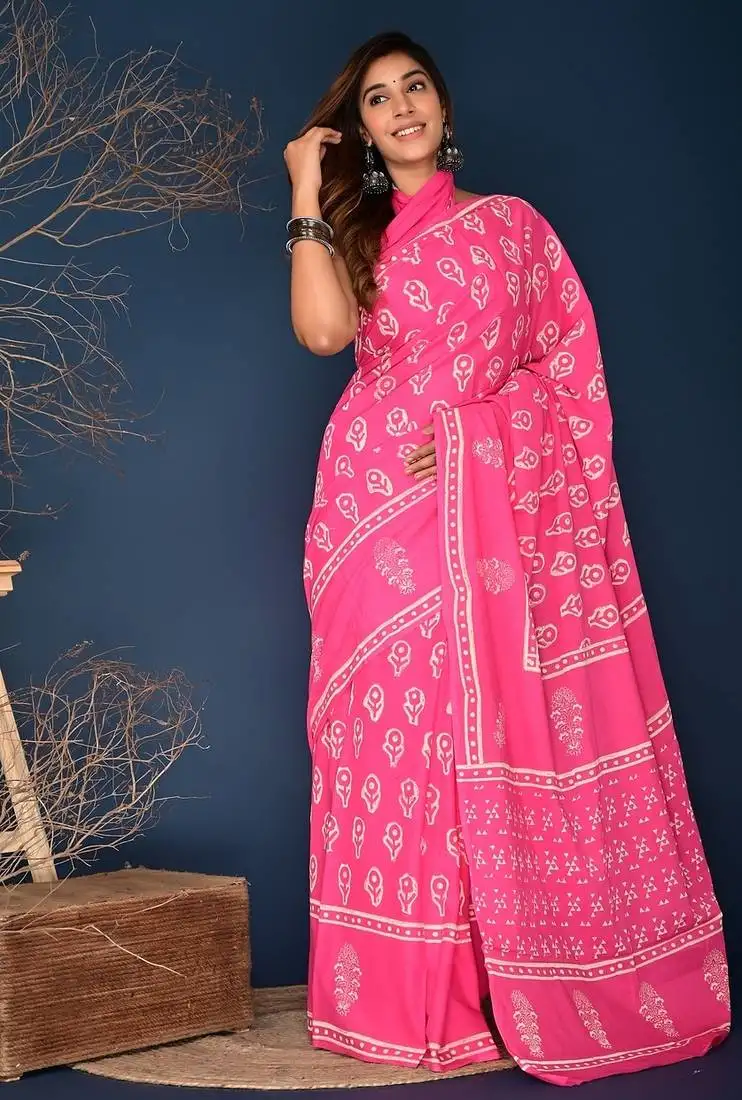 Pink hand block printed cotton saree