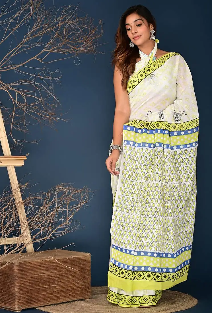 Lemon yellow block printed cotton saree