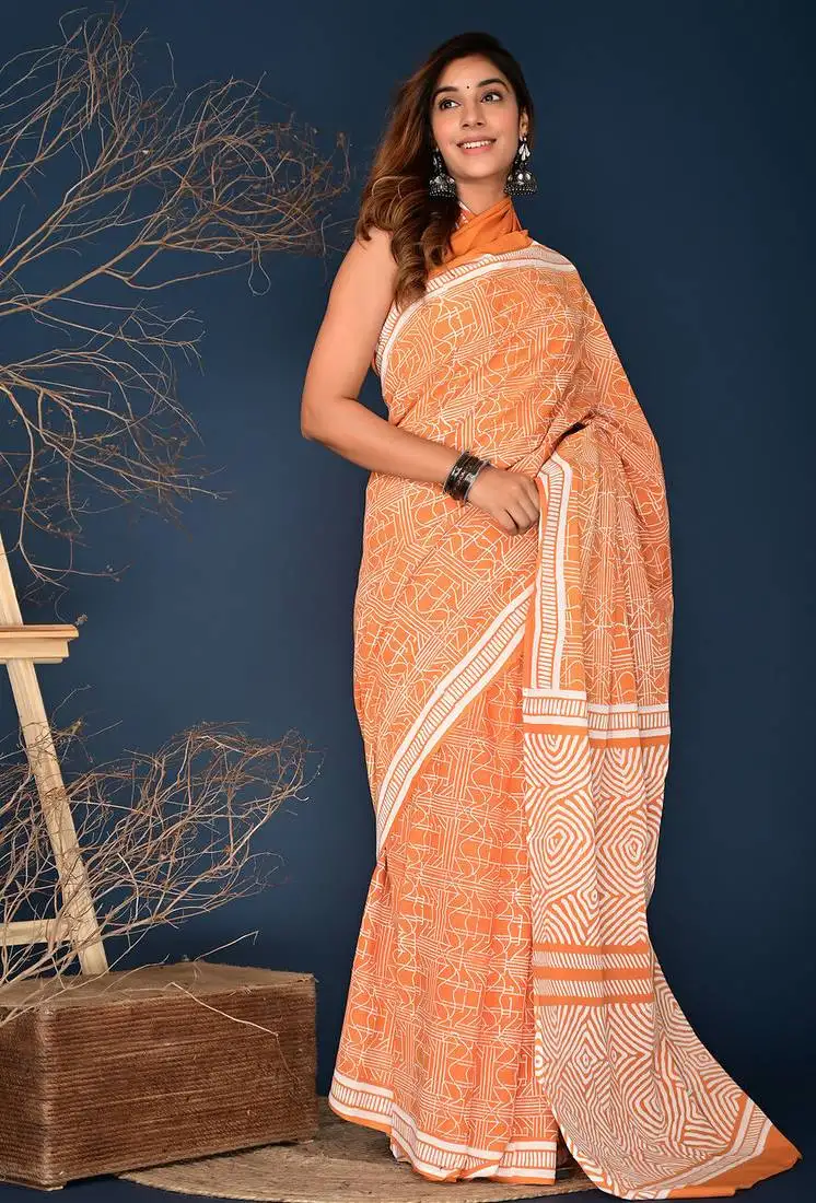 Orange hand block printed cotton saree