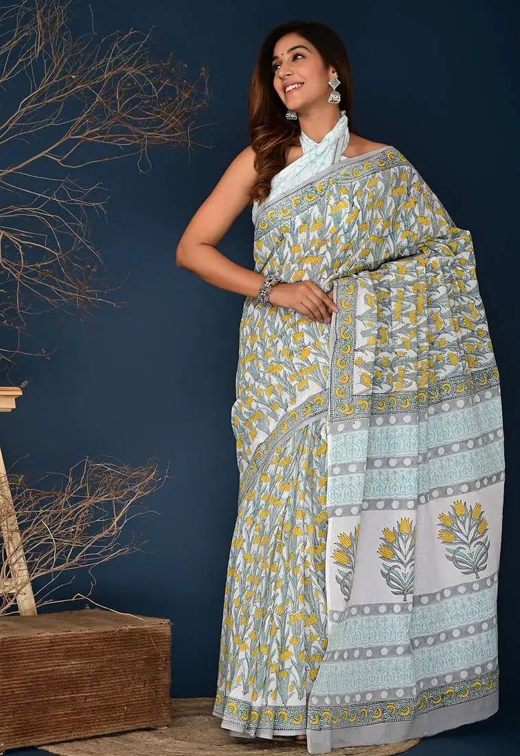Yellow gray hand block printed cotton saree