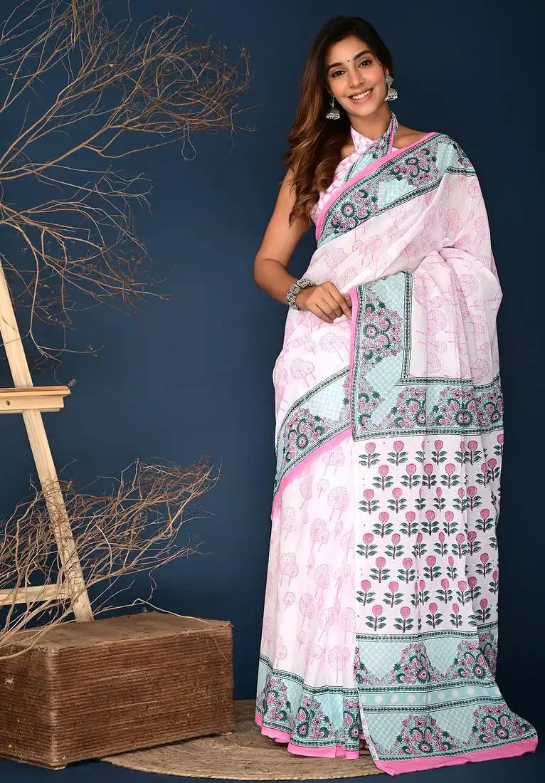 Rose pink hand block printed cotton saree