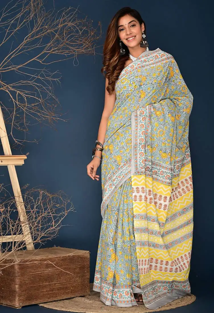 Yellow aqua blue hand block printed cotton saree