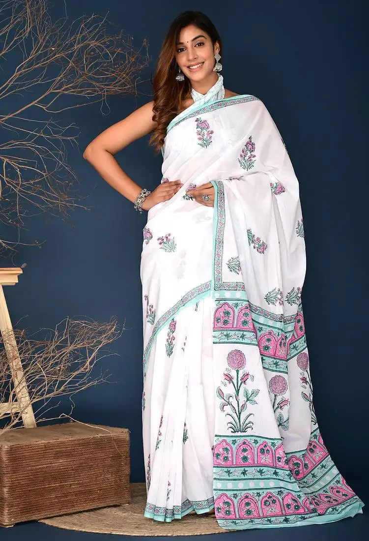 Pink aqua blue mughal buta hand block printed cotton saree