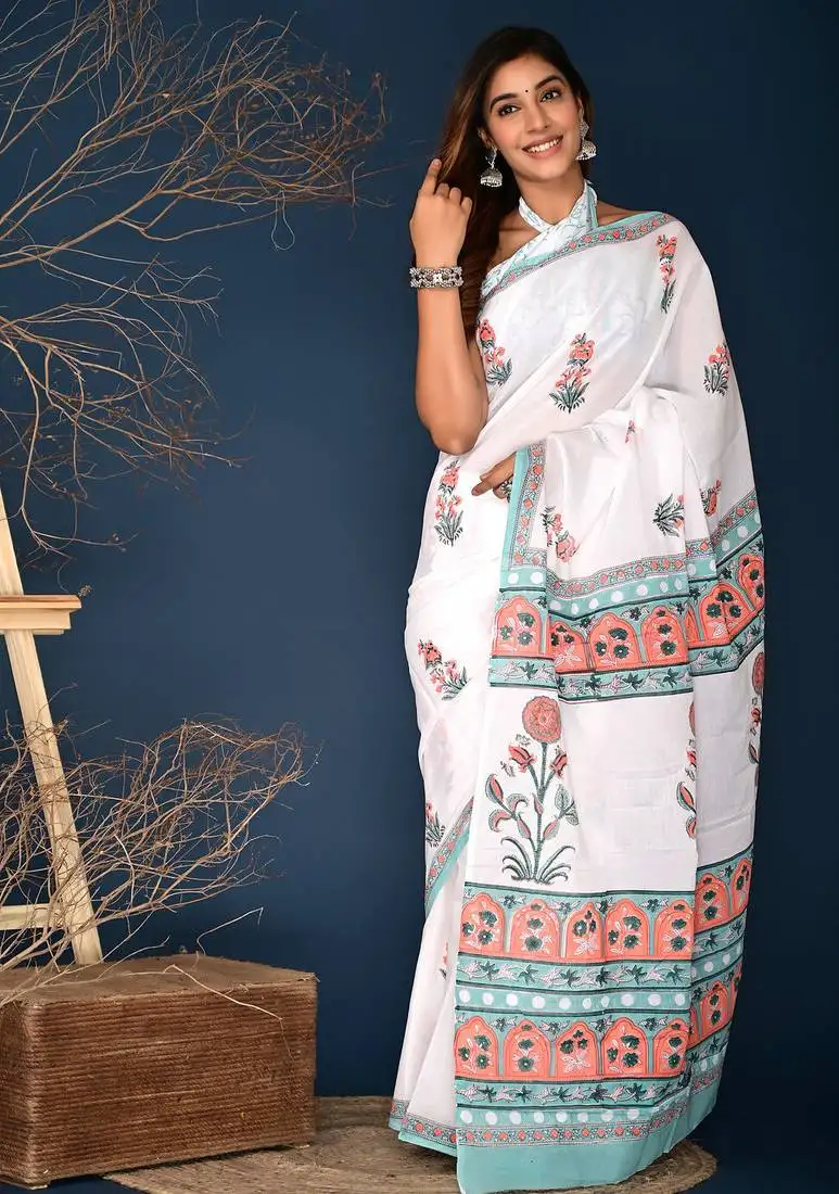 Orange aqua blue buta hand block printed cotton saree