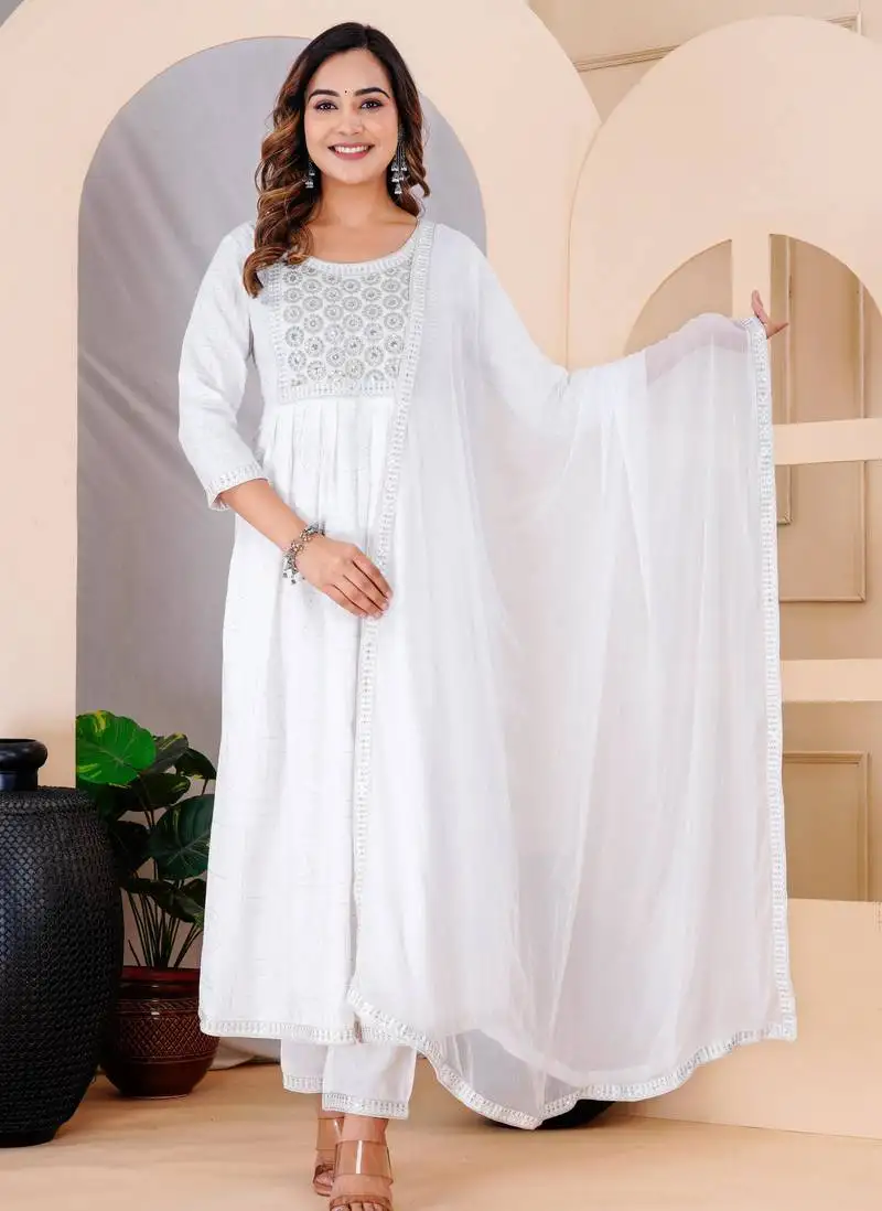 White rayon printed & embroidered work straight kurta bottom & dupatta set