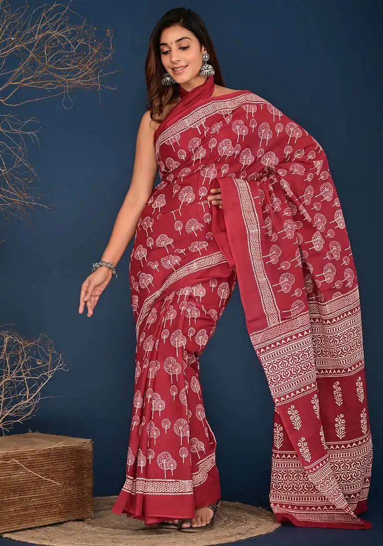 Cherry red hand block printed cotton saree
