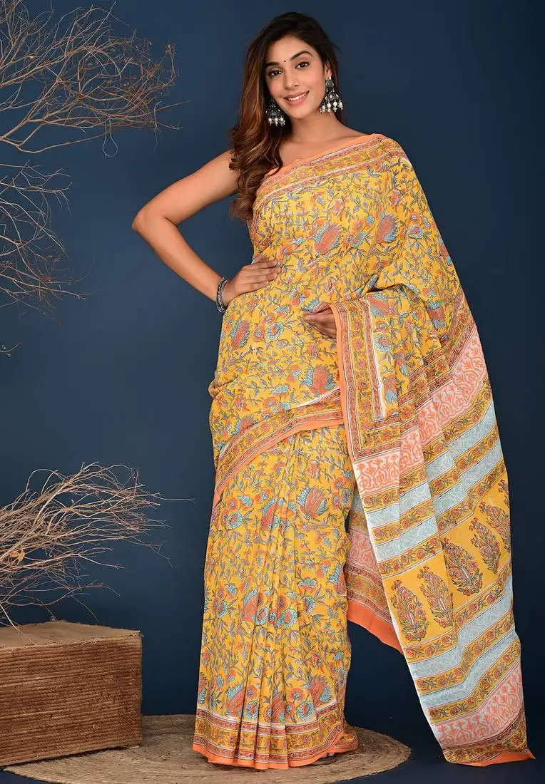 Yellow hand block printed cotton saree