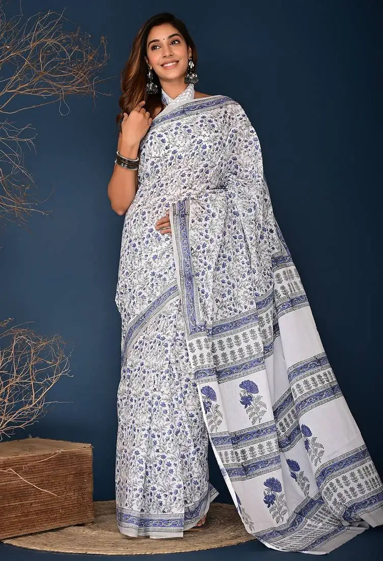Blue hand block printed cotton saree