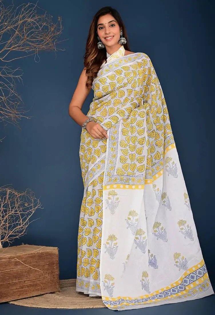 Yellow pan leaf hand block printed cotton saree